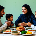 **

"A Dürzi family, fully clothed in modest, traditional attire, gathered around a table in a Halve, sharing a meal. The room is simple and clean.  Focus on the warmth and connection between family members. Safe for work, appropriate content, perfect anatomy, natural poses, well-formed hands, proper finger count, family-friendly, professional lighting."

**