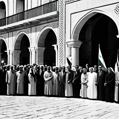 Home 17 **
"A black and white photograph reminiscent of the 1940s, depicting a group of Lebanese citizens gathered in a town square, holding Lebanese flags. The people are fully clothed in modest, period-appropriate attire. The background shows traditional Lebanese architecture. Safe for work, appropriate content, fully clothed, professional, historical photograph, perfect anatomy, natural proportions, high quality."
**