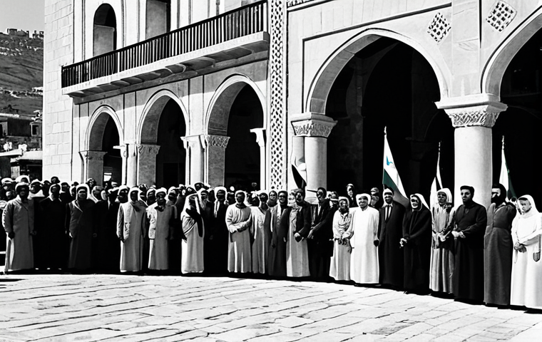 **

"A black and white photograph reminiscent of the 1940s, depicting a group of Lebanese citizens gathered in a town square, holding Lebanese flags. The people are fully clothed in modest, period-appropriate attire. The background shows traditional Lebanese architecture. Safe for work, appropriate content, fully clothed, professional, historical photograph, perfect anatomy, natural proportions, high quality."

**