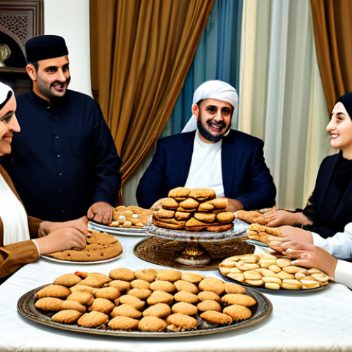 Home 6 레바논 명절과 그 의의 - **
"A Lebanese family gathering around a table laden with Maamoul cookies during Eid al-Fitr, fully...